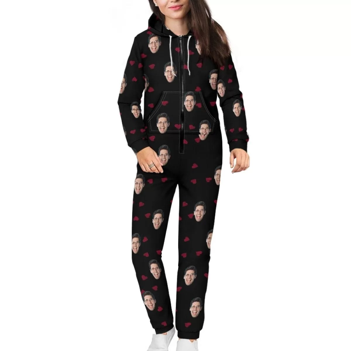 Custom Face Heart Black Unisex Adult Hooded Onesie Jumpsuits with Pocket Personalized Zip One-piece Pajamas for Men and Women