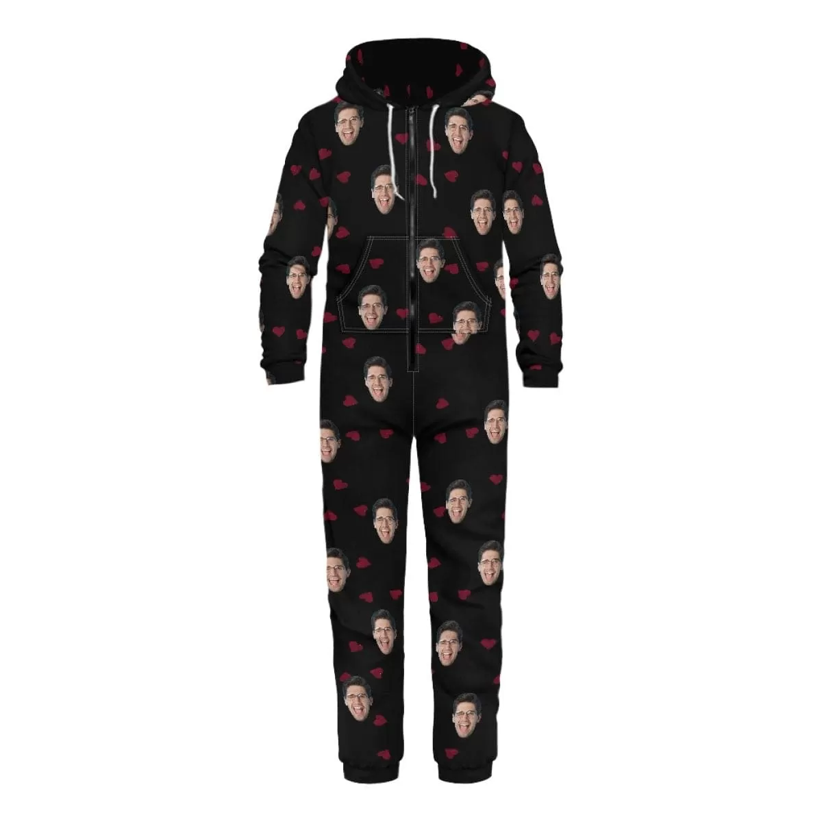 Custom Face Heart Black Unisex Adult Hooded Onesie Jumpsuits with Pocket Personalized Zip One-piece Pajamas for Men and Women