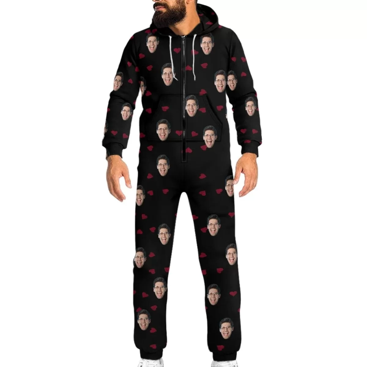 Custom Face Heart Black Unisex Adult Hooded Onesie Jumpsuits with Pocket Personalized Zip One-piece Pajamas for Men and Women