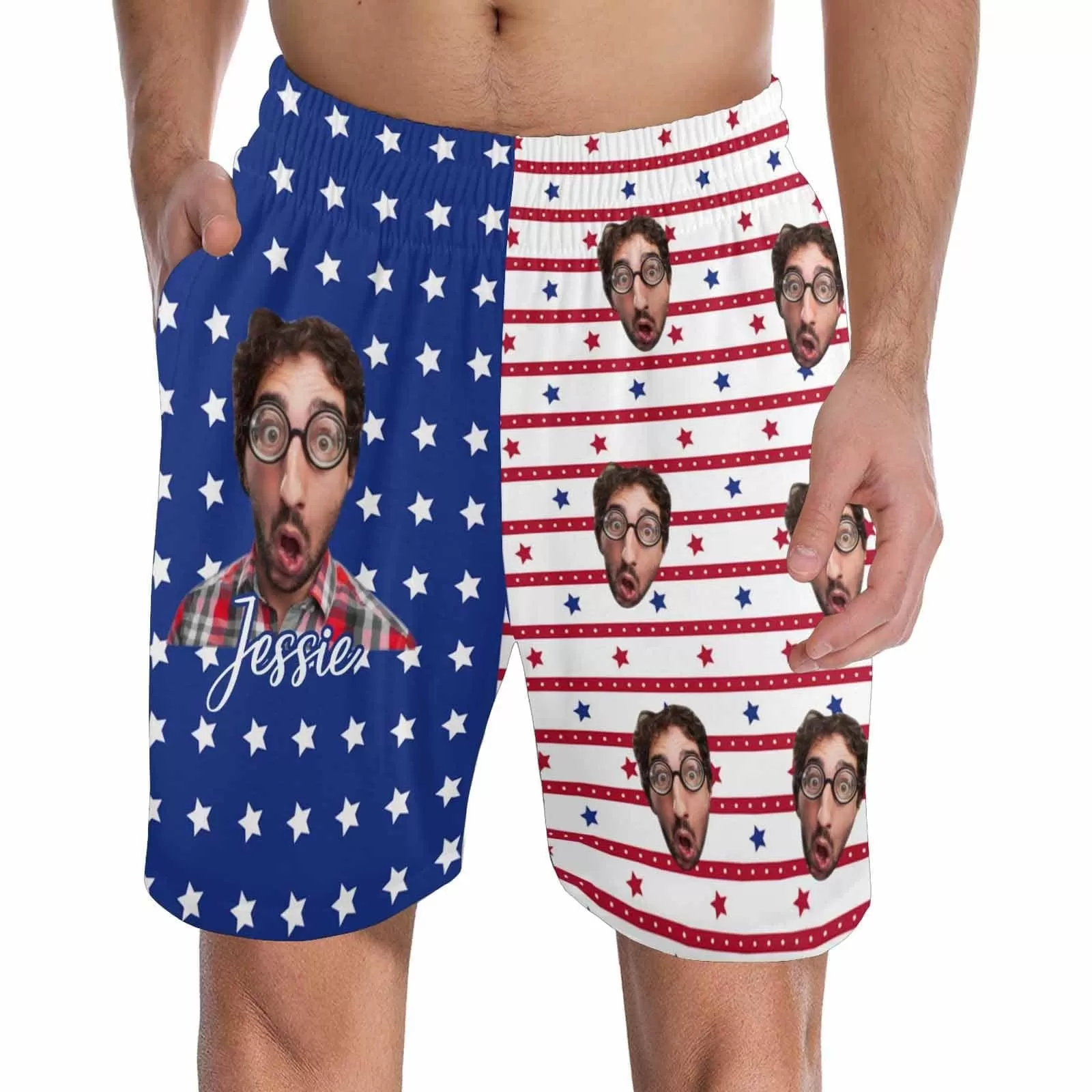 Custom Face Men's Pajama Shorts Personalized American Flag Sleepwear Shorts