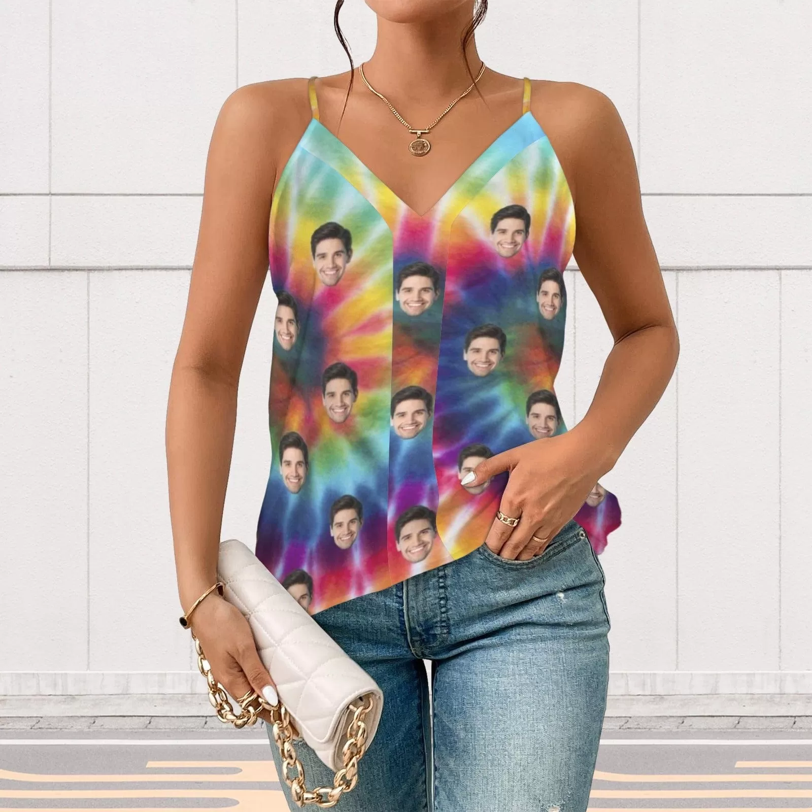 Custom Face Tie Dye Women's V-Neck Cami Tank Tops