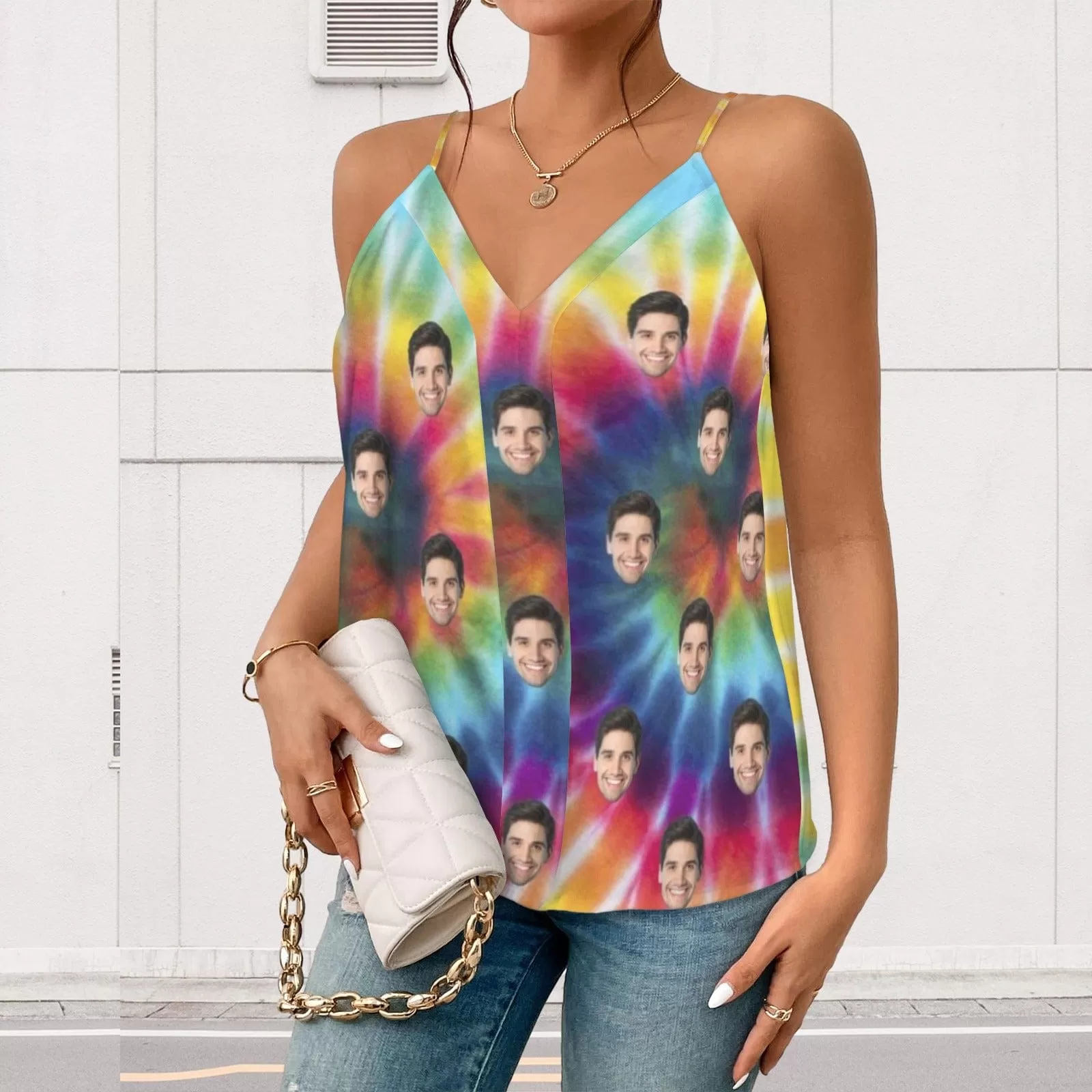 Custom Face Tie Dye Women's V-Neck Cami Tank Tops