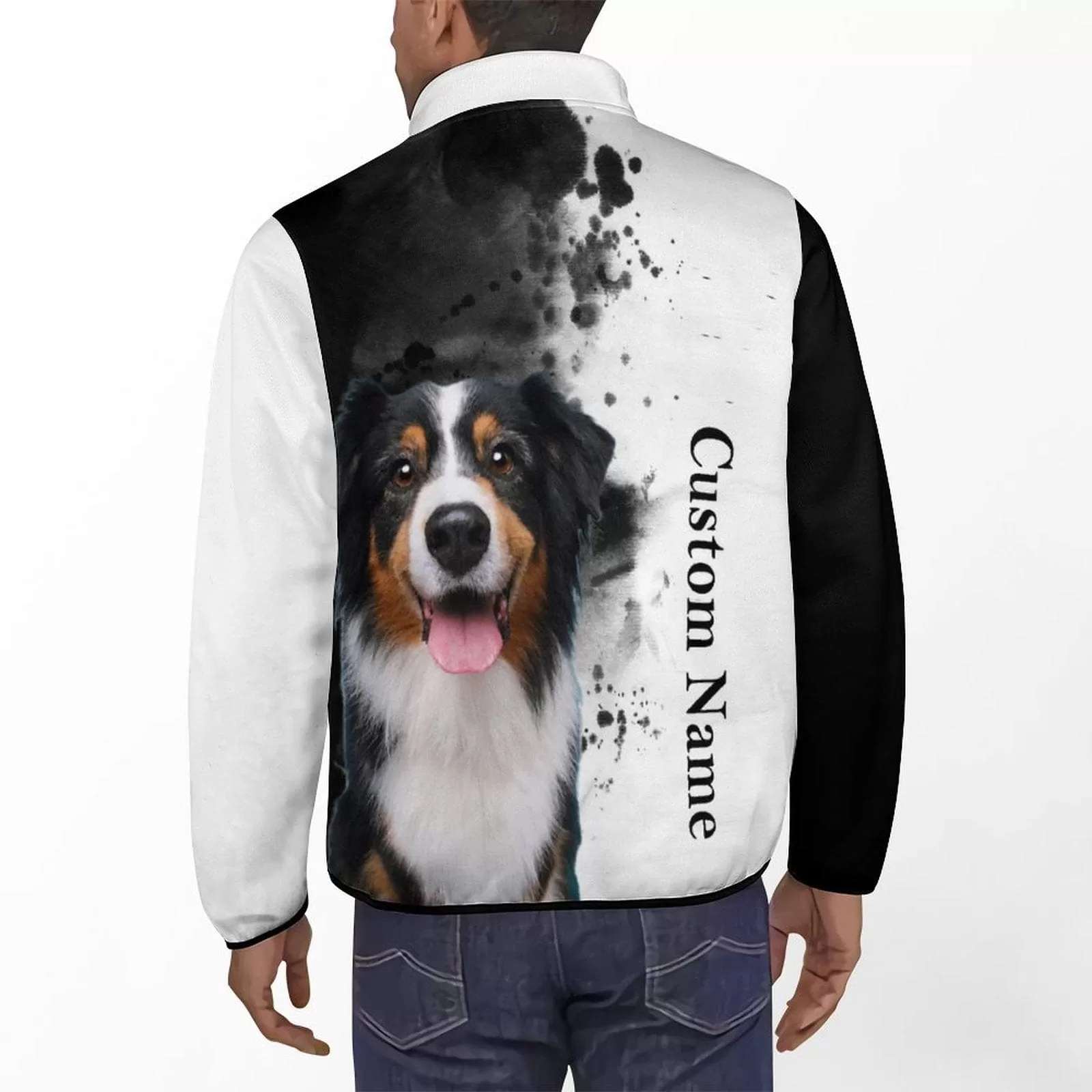 Custom Face&Name Pet Dog Black and White Loose Sweatshirts Personalized Men's Stand Collar Sweatshirts