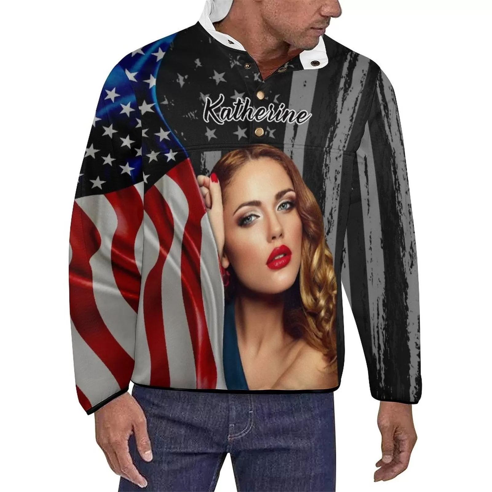 Custom Face&Name US Flag Loose Sweatshirts Personalized Men's Stand Collar Sweatshirts