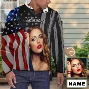 Custom Face&Name US Flag Loose Sweatshirts Personalized Men's Stand Collar Sweatshirts