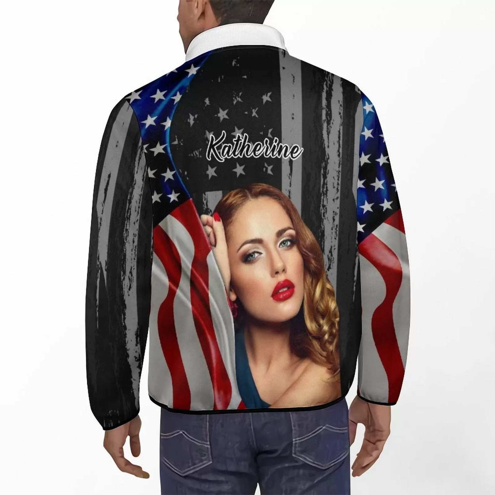 Custom Face&Name US Flag Loose Sweatshirts Personalized Men's Stand Collar Sweatshirts