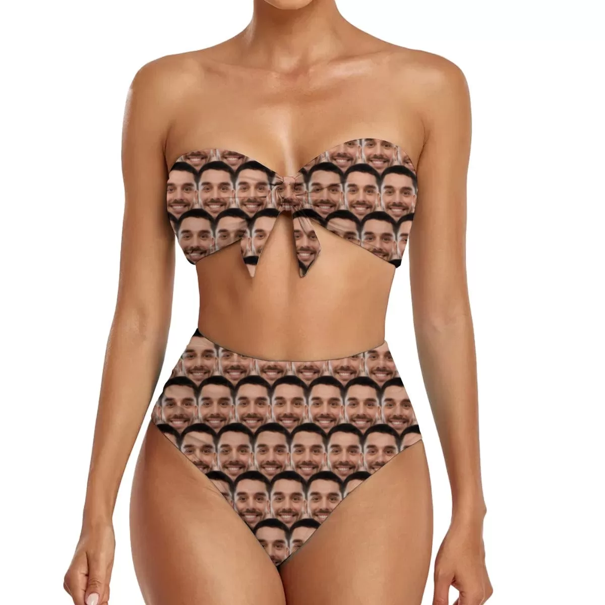 Custom Seamless Face Strapless Bow Top High Waist Bikini Bottom 2-Piece Set Bathing Suit