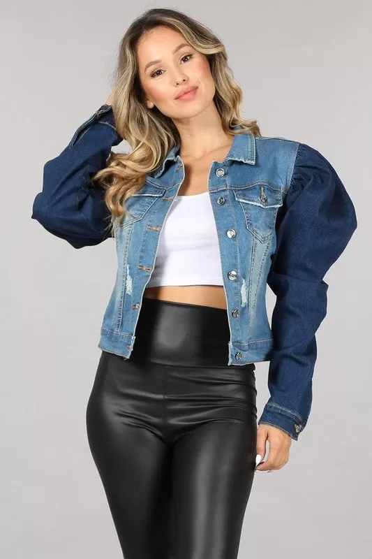 Dark Sleeve Denim Puff Jacket