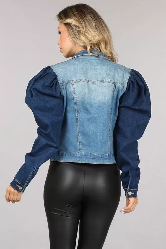 Dark Sleeve Denim Puff Jacket