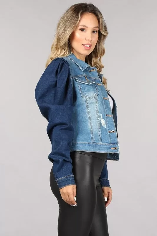 Dark Sleeve Denim Puff Jacket