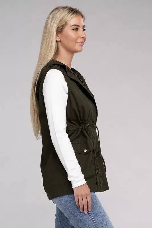 Drawstring Waist Military Hoodie Vest