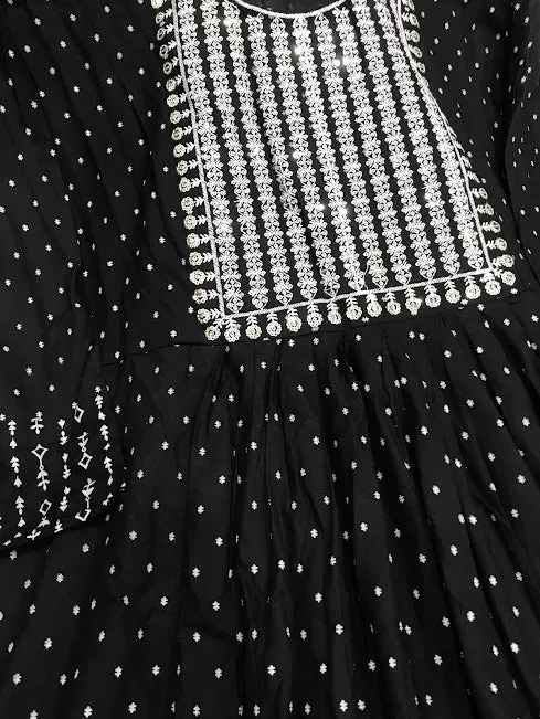 Elegant Black Color Rayon Kurti Embroidery With Printed Work