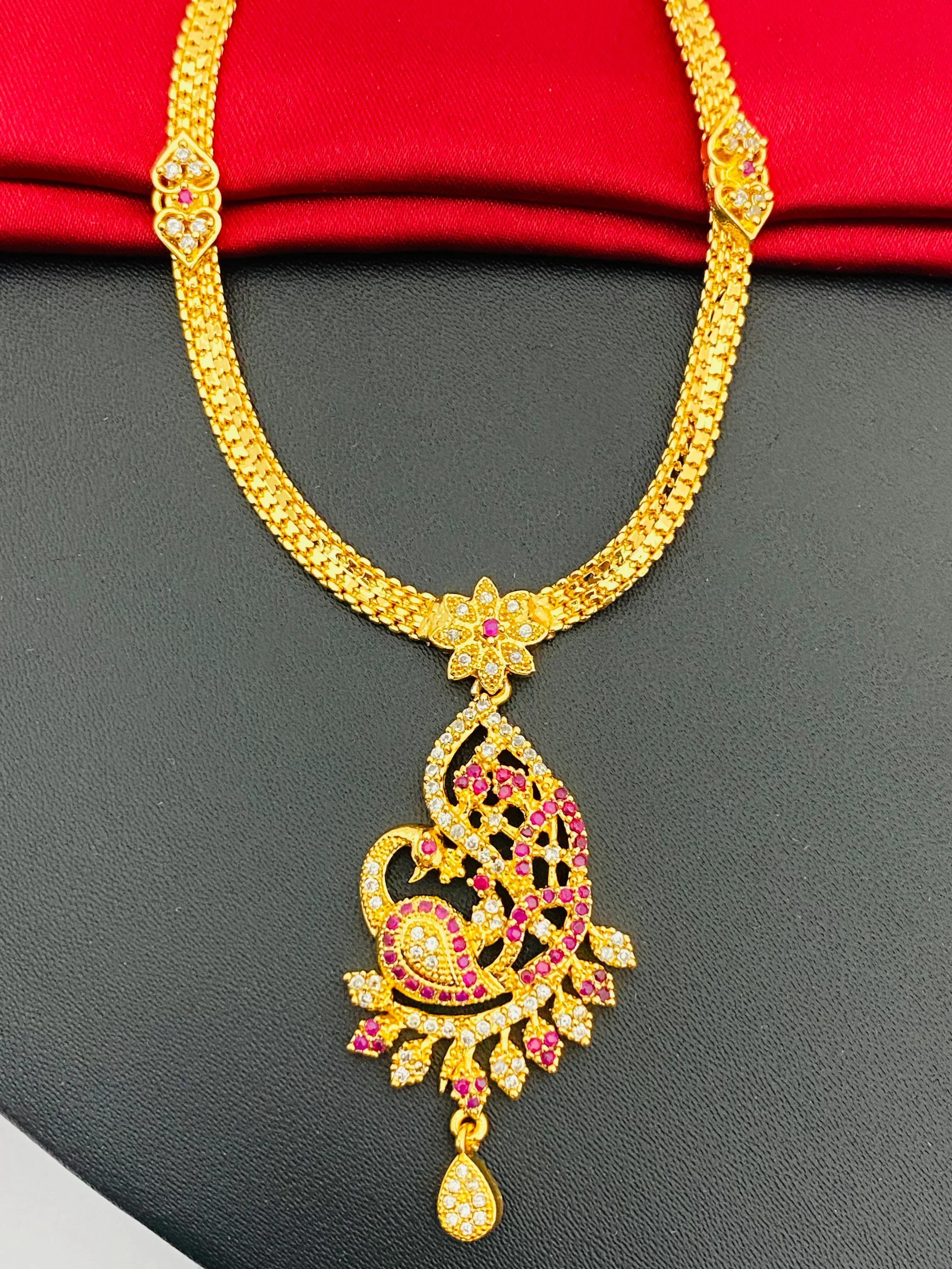 Elegant Gold Plated Ruby Stoned Peacock Design Necklace