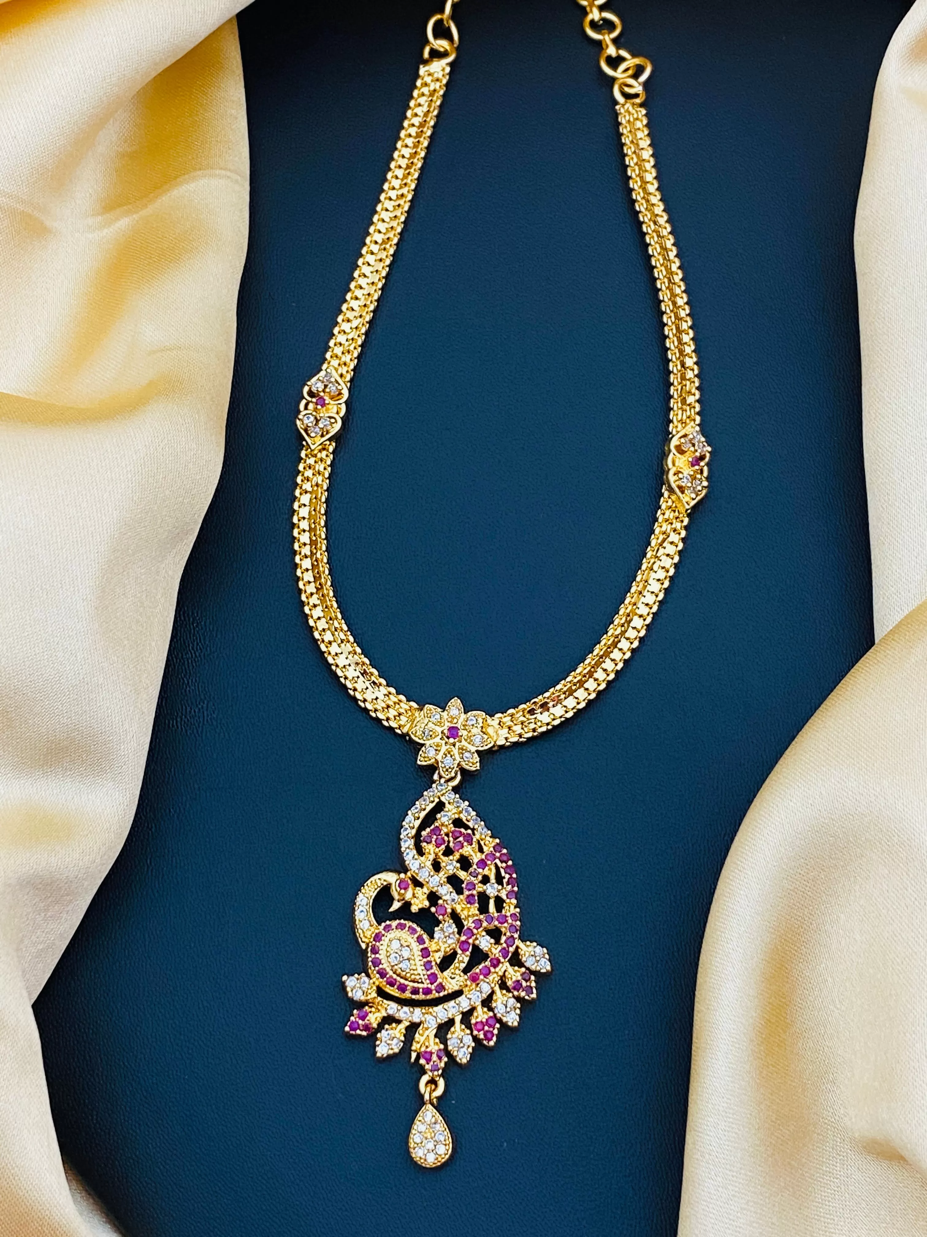 Elegant Gold Plated Ruby Stoned Peacock Design Necklace