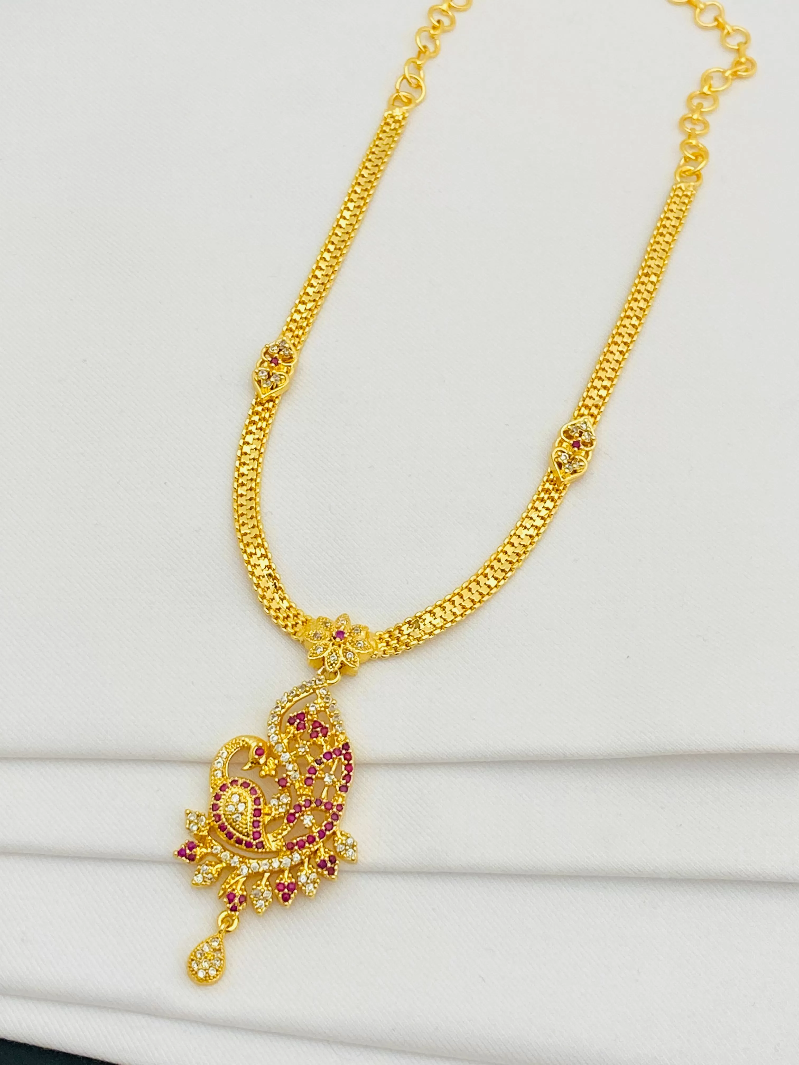 Elegant Gold Plated Ruby Stoned Peacock Design Necklace