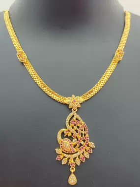 Elegant Gold Plated Ruby Stoned Peacock Design Necklace