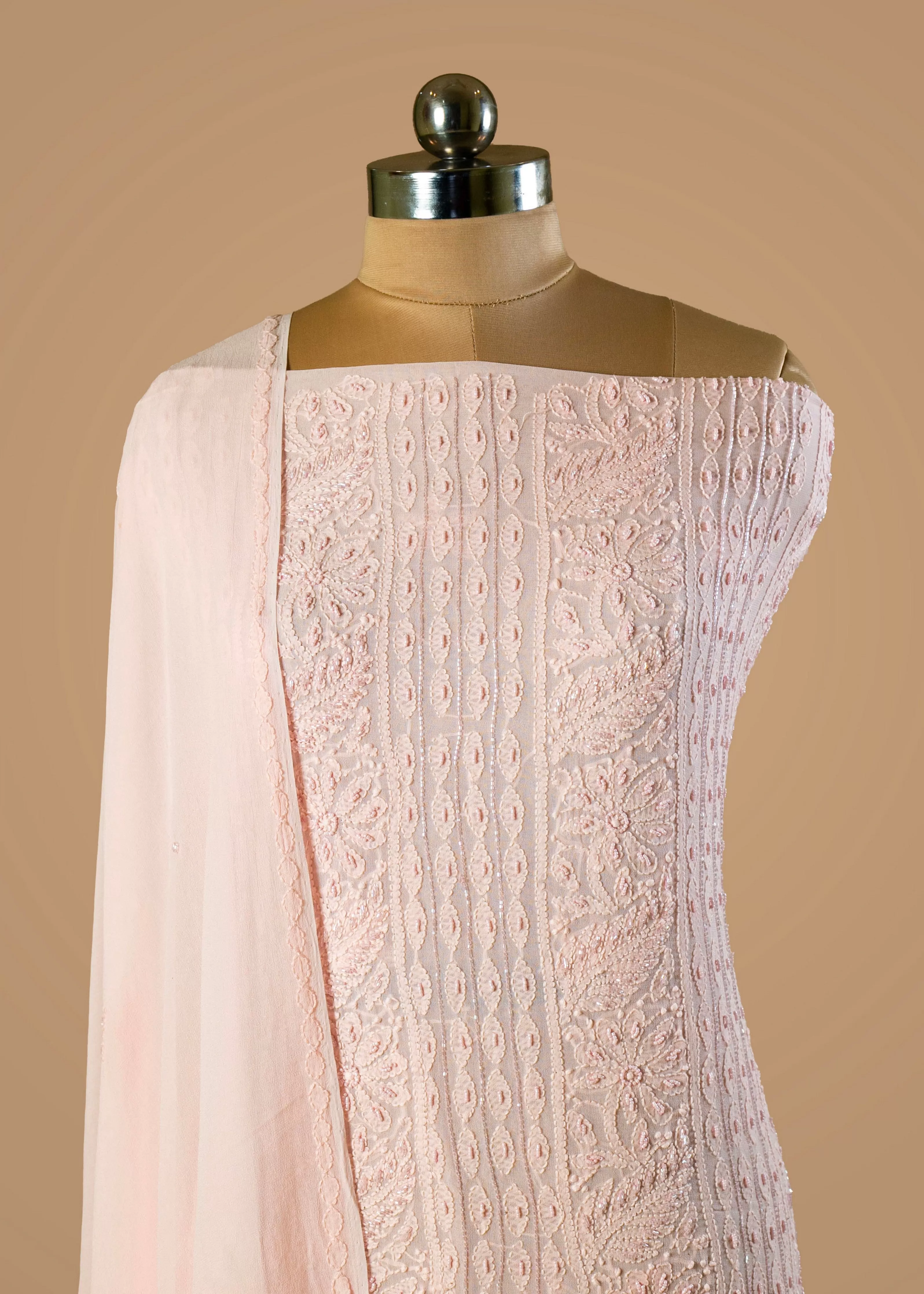 Elevate Your Ethnic Style with Our Pink Hand-Embroidered Chikankari Lucknowi Suit with Embroidered Dupatta