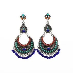 Ethnic Blue Beads Tassel Drop Earring