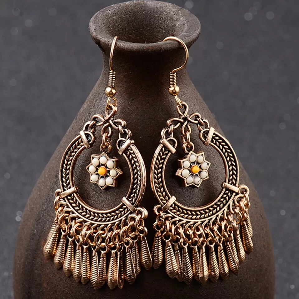 Ethnic Golden Tassel Dangle Drop Earring