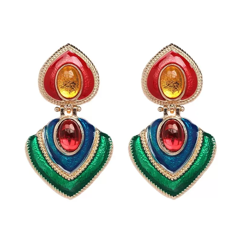 Ethnic Vintage Crystal Enamel Statement Earrings