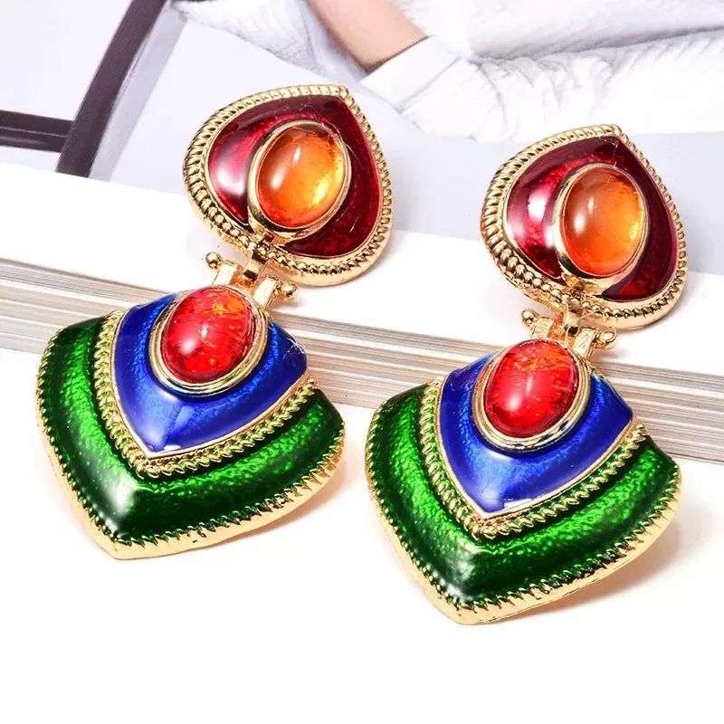 Ethnic Vintage Crystal Enamel Statement Earrings