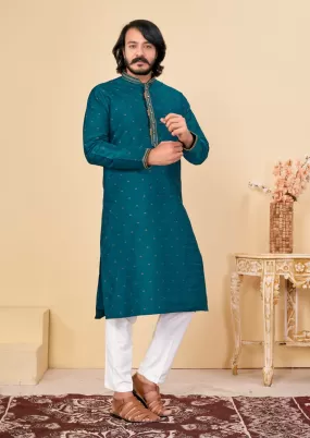 Fabulous Teal Green Color Fancy Kurta Suit With Pajama Set