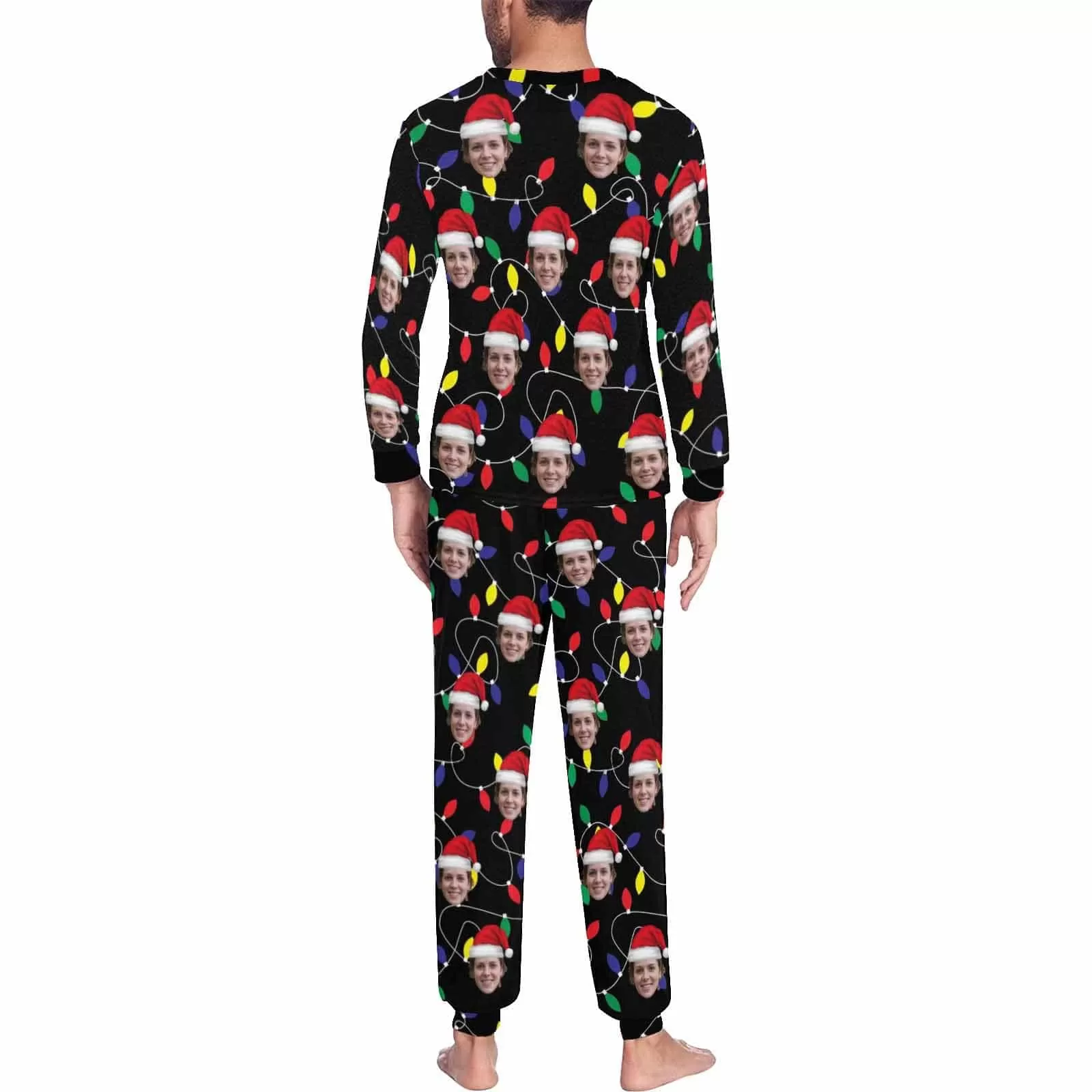 Face Pajamas Custom Face Colored Light Bulbs Red Christmas Hat Family Matching Long Sleeve Pajama Set Personalized Photo Loungewear