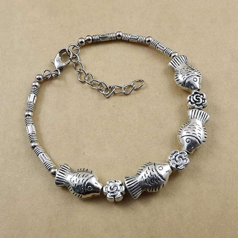 Fish and Flower Charm Tibetan Silver Vintage Bracelet