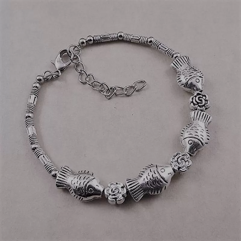 Fish and Flower Charm Tibetan Silver Vintage Bracelet