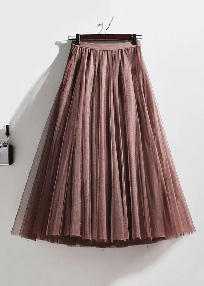 French Coffee Wrinkled Elastic Waist Tulle Skirts Summer AS1071