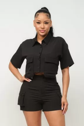 Front Button Down Side Pockets Top And Shorts Set