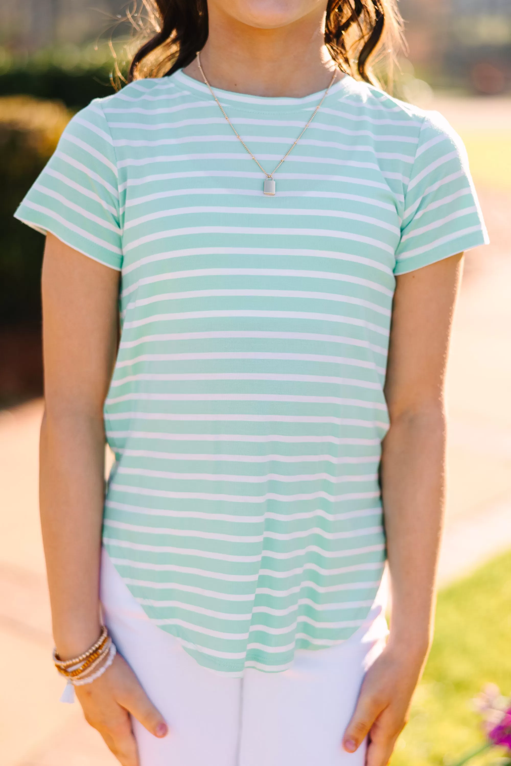 Girls: Let's Meet Later Mint Green Striped Top