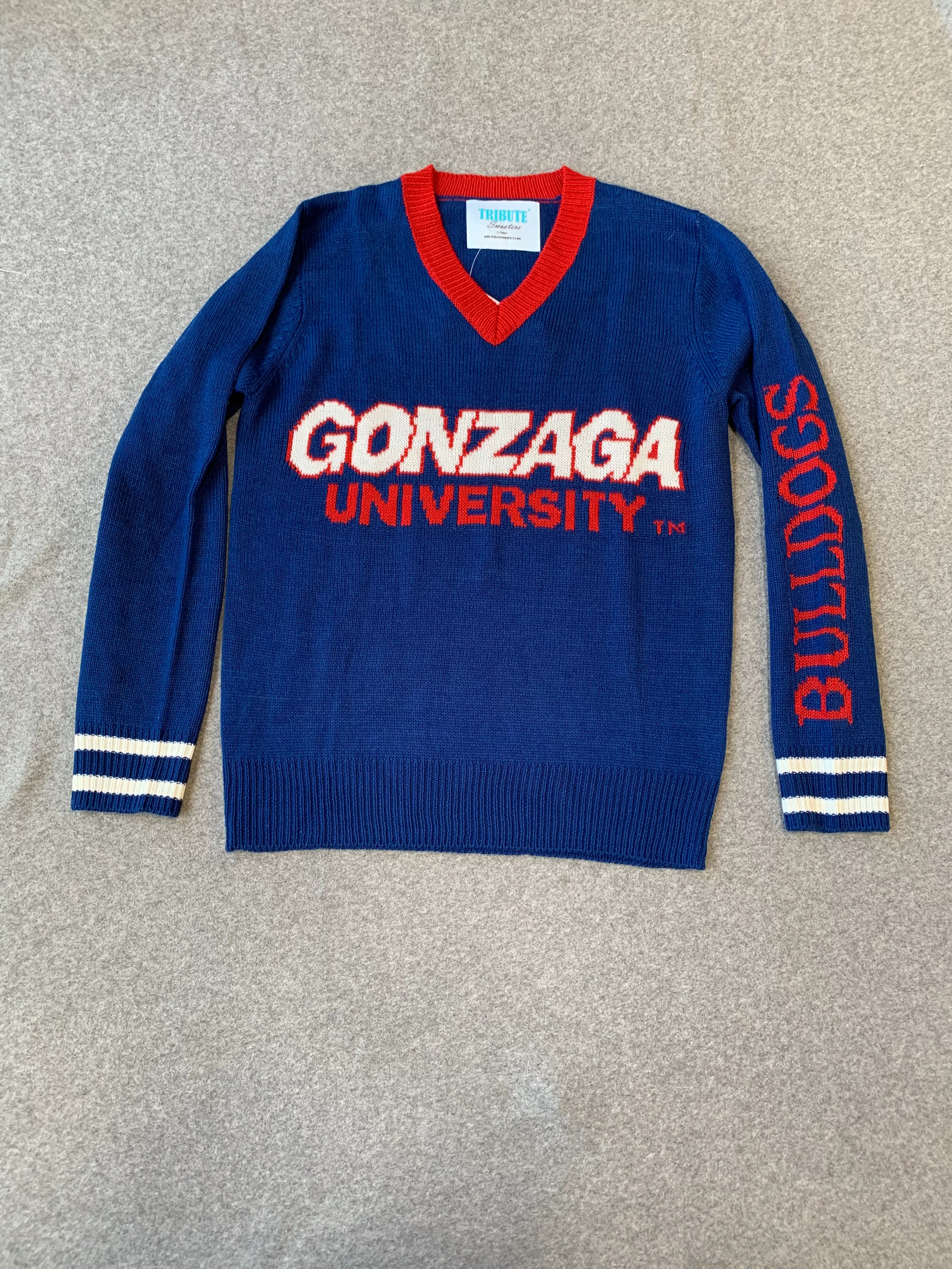 GONZAGA NAVY BLUE TRIBUTE SWEATER WITH RED V-NECK (UNISEX SIZING)