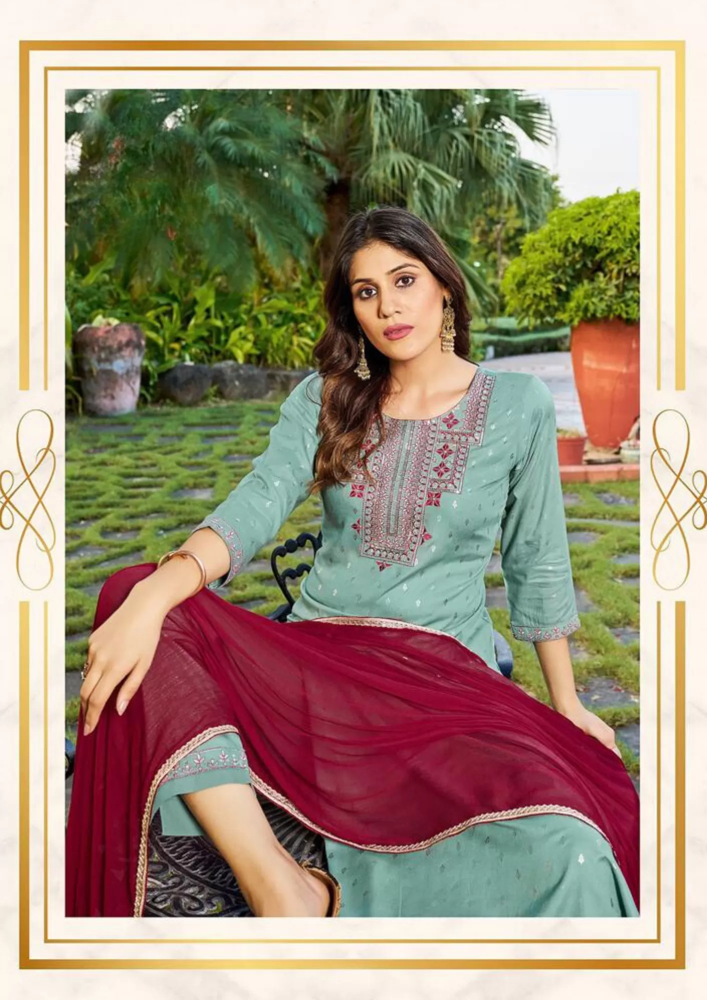 Gorgeous Teal Green Colored Embroidery Classy Foil Print Work Kurti With Dupatta Sets For Women