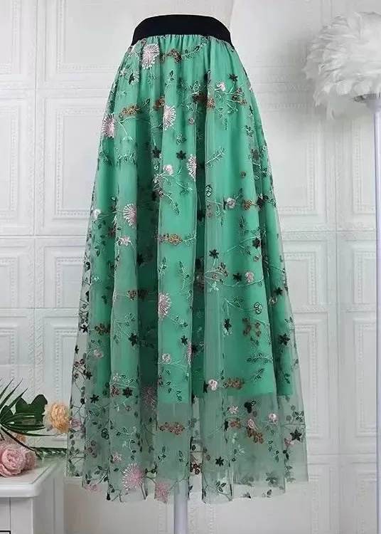 Handmade Green Embroidered Elastic Waist Tulle Skirts Spring HA1014