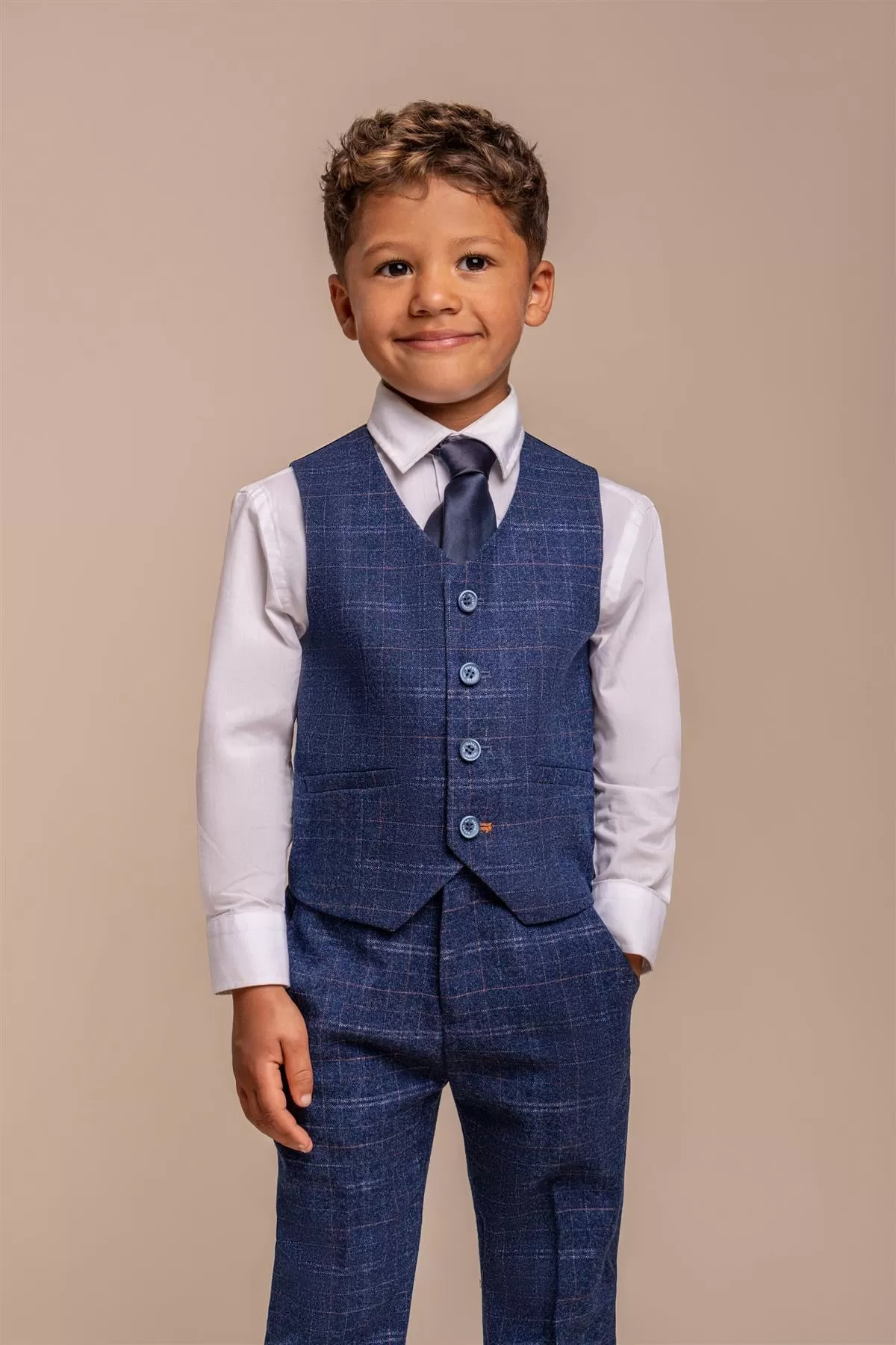 Kaiser Blue Check Boys Three Piece Suit