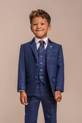 Kaiser Blue Check Boys Three Piece Suit