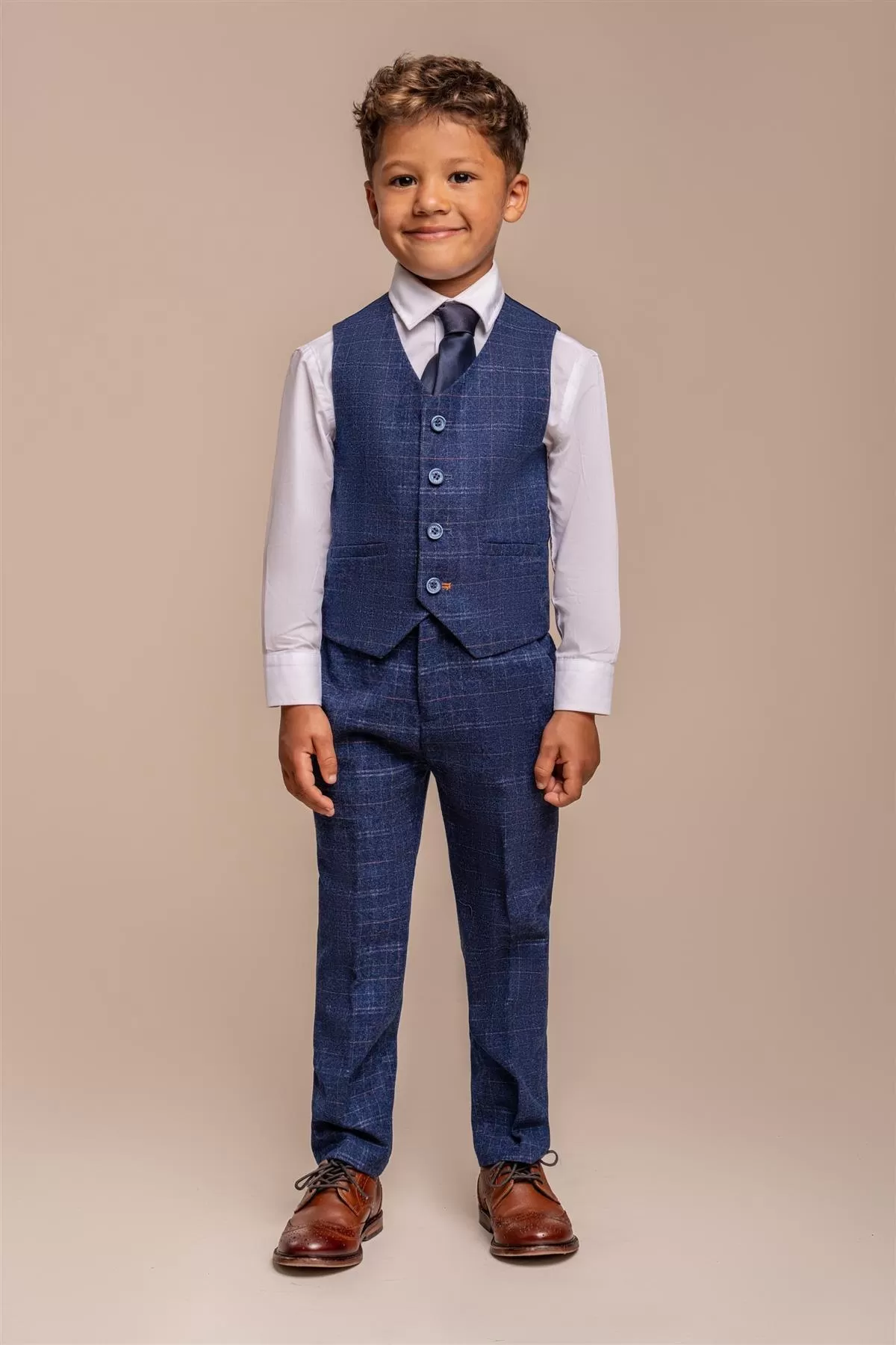 Kaiser Blue Check Boys Three Piece Suit