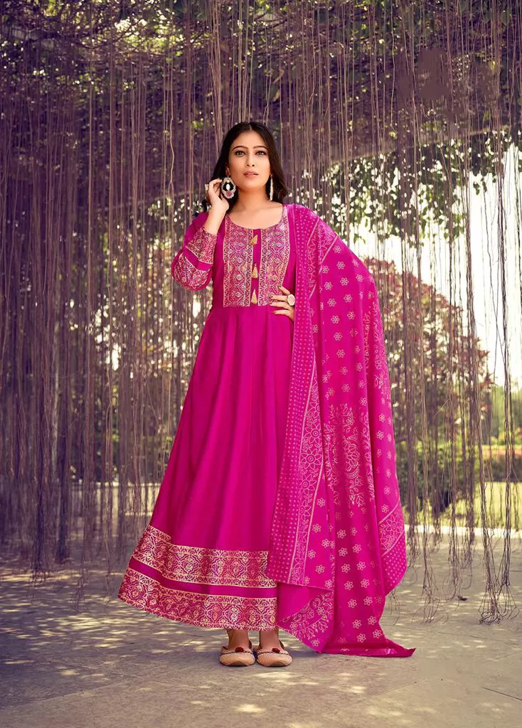 Latest Pink Color Fancy Foil Printed Rayon Gowns With Dupatta Collection