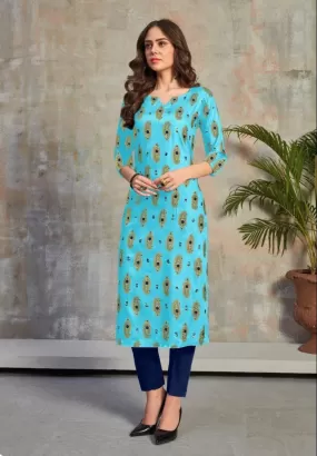 Like Mom Like Daughter - Minakari Sky Blue Pure Rayon With Handwork Daily Wear Kurti