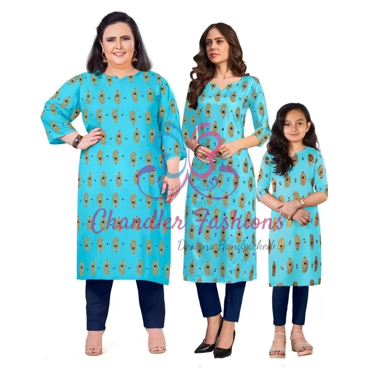 Like Mom Like Daughter - Minakari Sky Blue Pure Rayon With Handwork Daily Wear Kurti