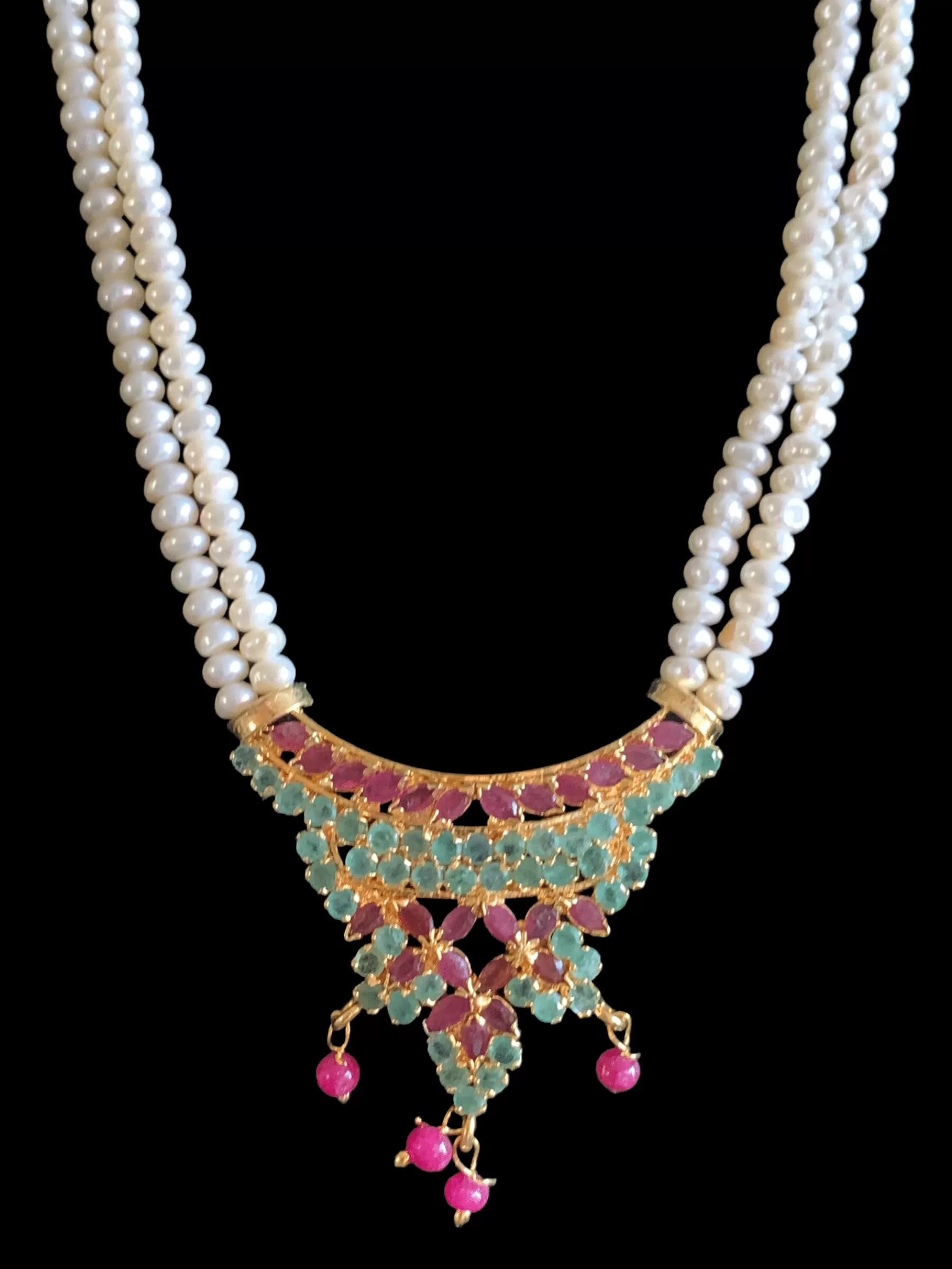 LN127 Ruby emerald long  necklace  set in fresh water pearls ( READY TO SHIP )