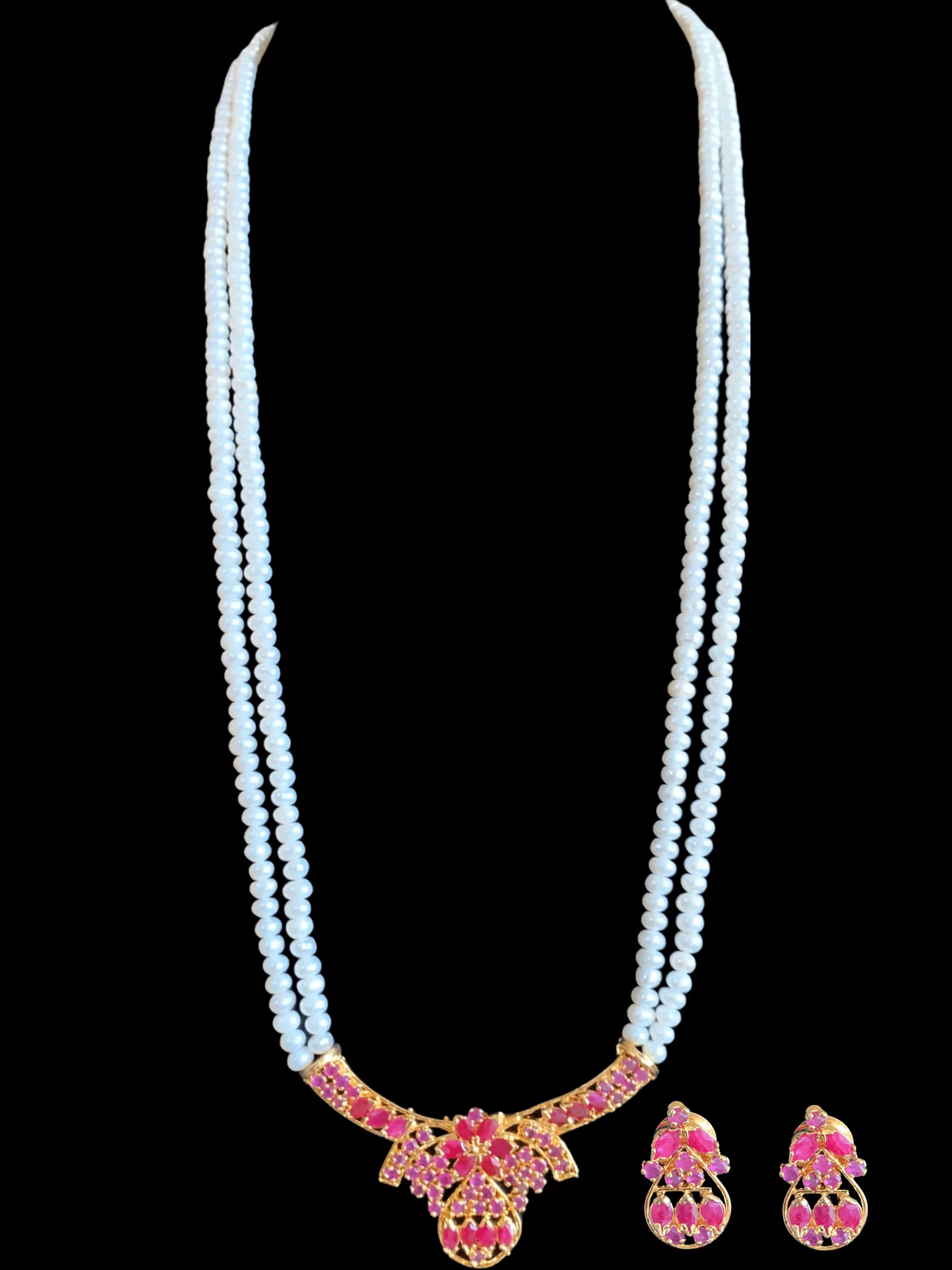 LN133 Ruby long  necklace  set in fresh water pearls ( READY TO SHIP )