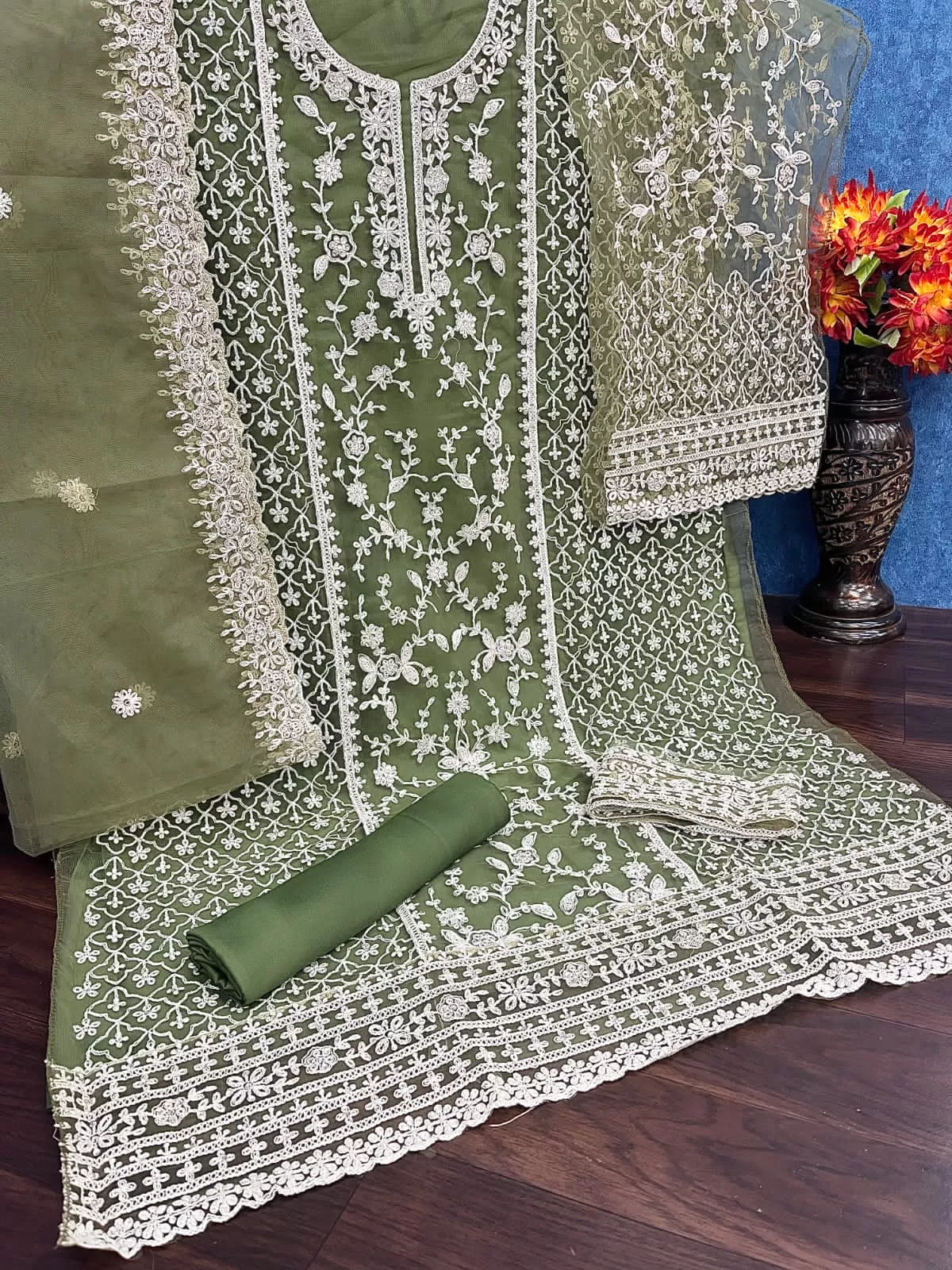 Lovely Green Color Embroidered Net Beautiful Palazzo Suit