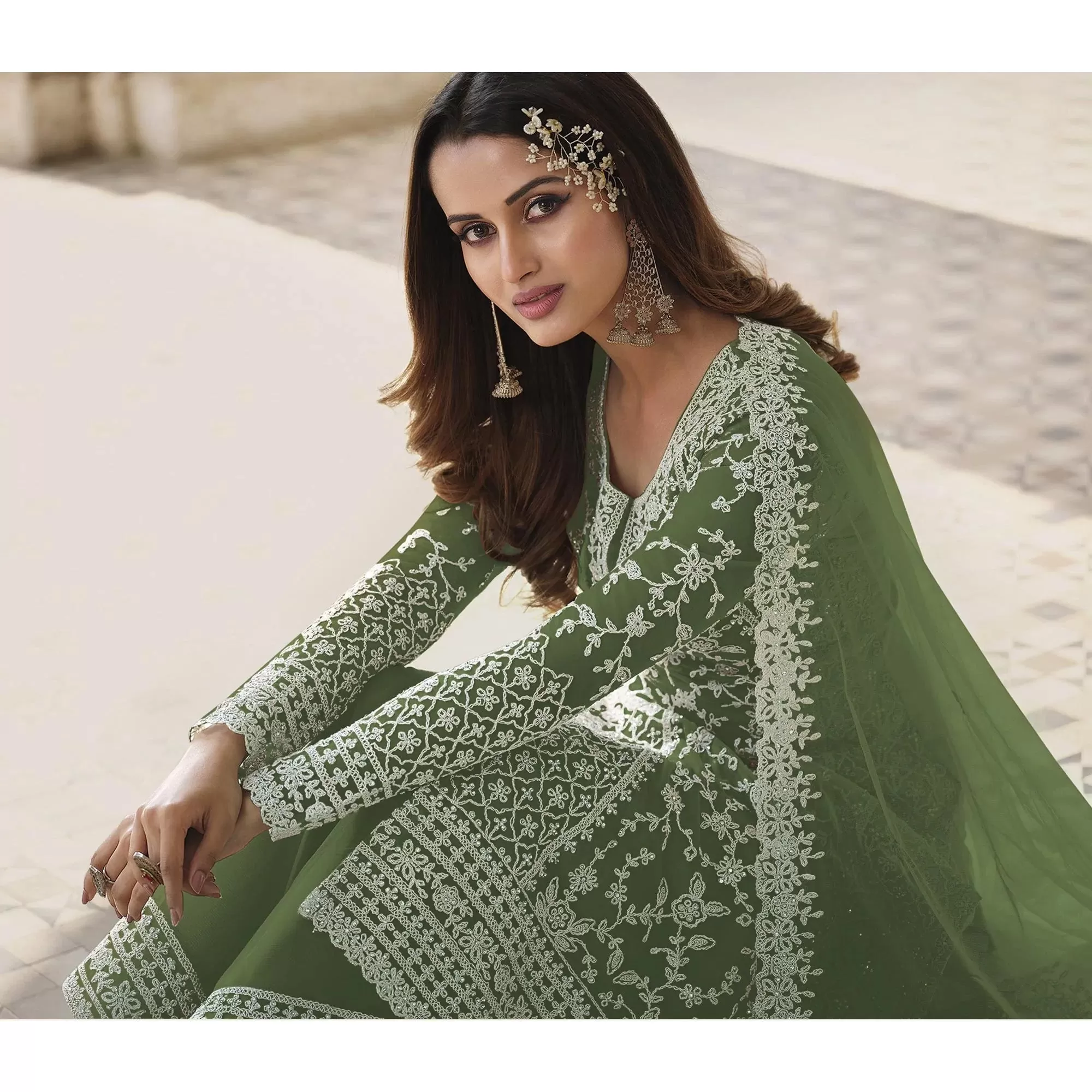 Lovely Green Color Embroidered Net Beautiful Palazzo Suit