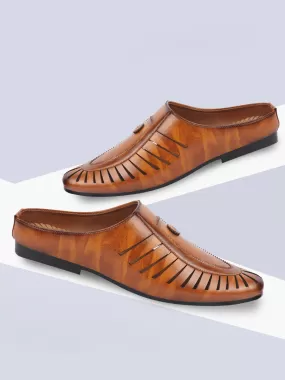 Men Tan Back Open Laser Cut Ethnic Juttis & Mojaris