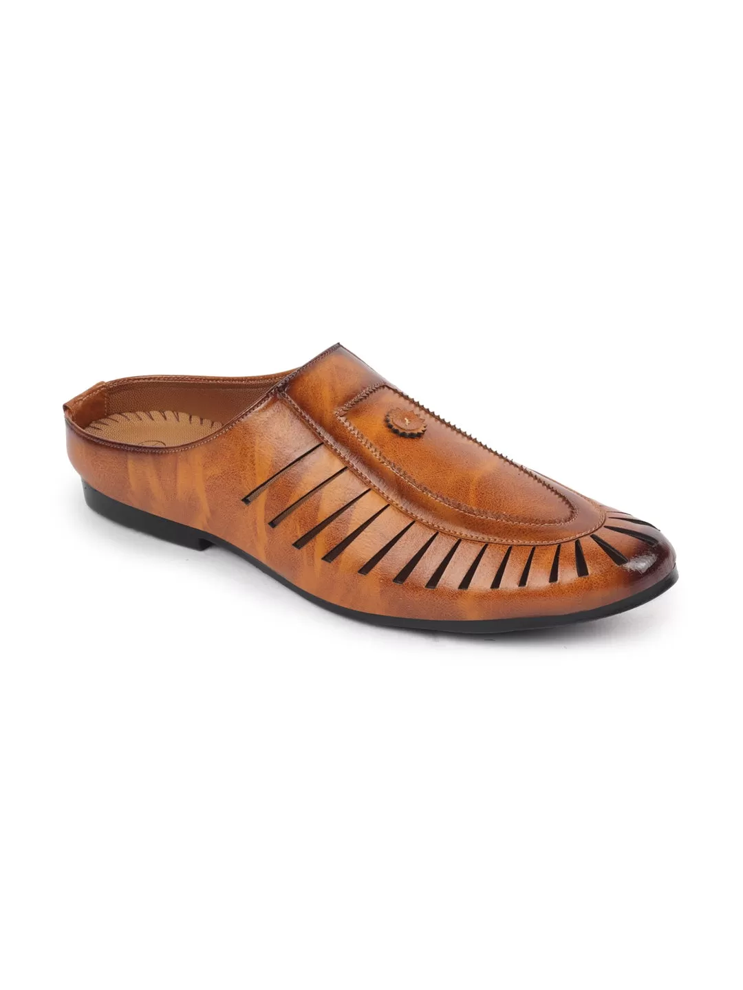 Men Tan Back Open Laser Cut Ethnic Juttis & Mojaris