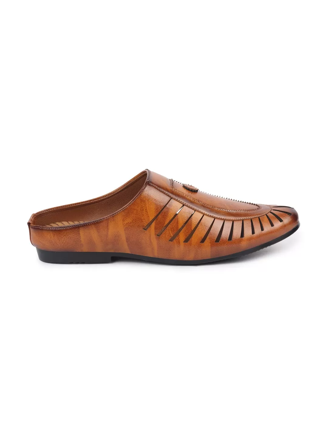 Men Tan Back Open Laser Cut Ethnic Juttis & Mojaris