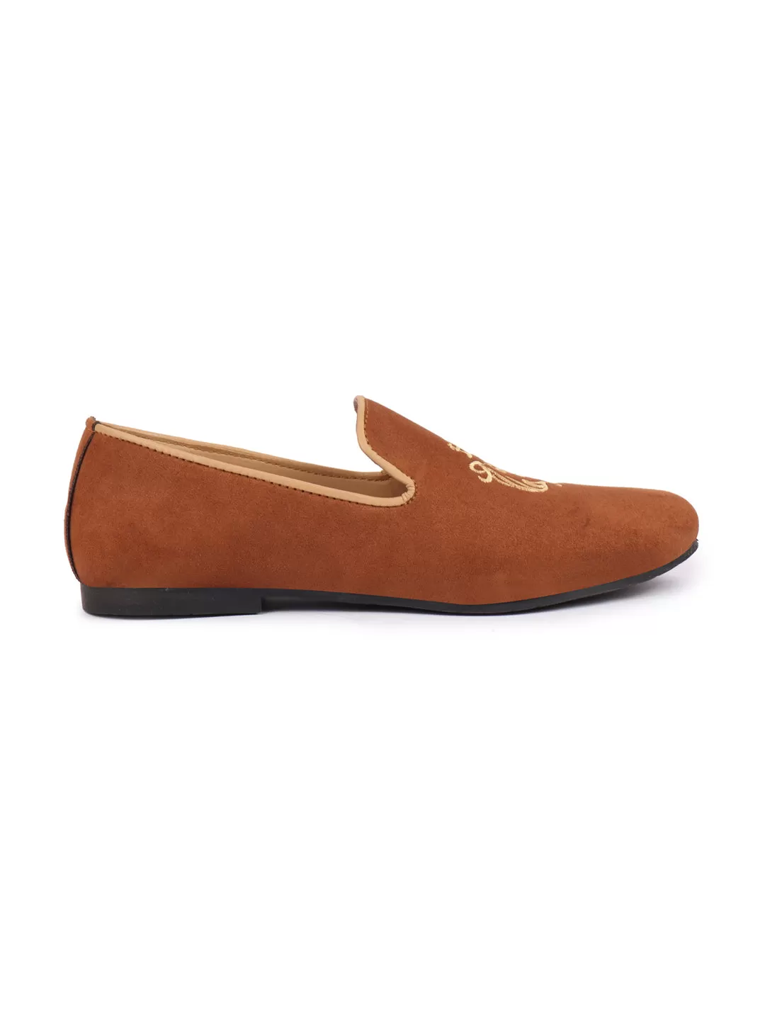 Men Tan Embroidered Velvet Slip On Loafers