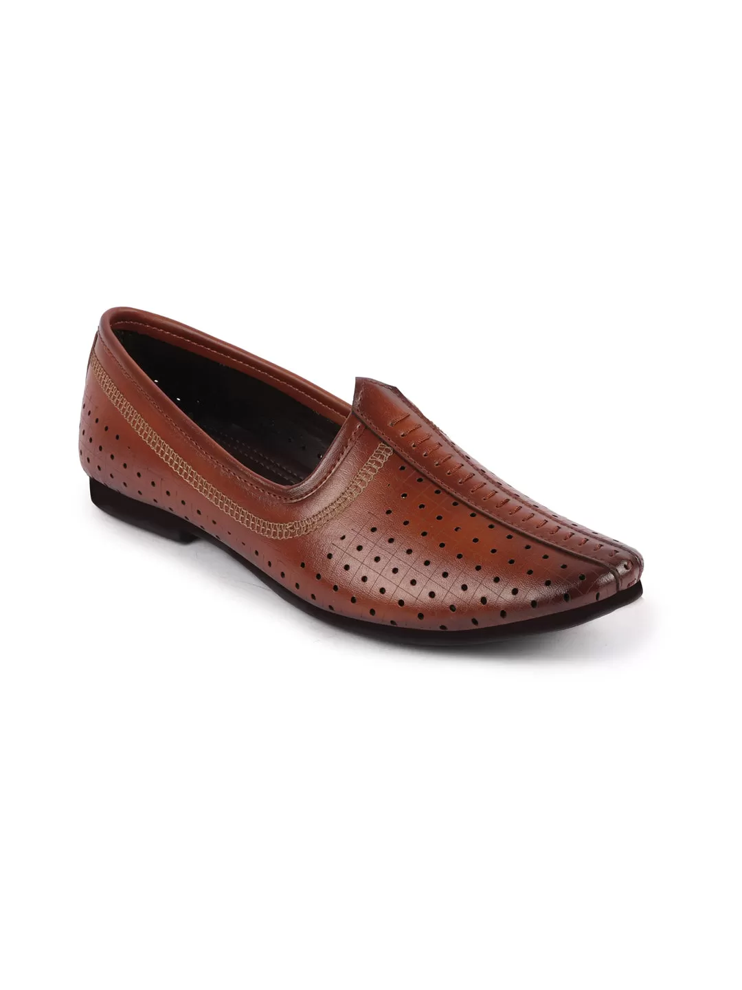 Men Tan Laser Cut Design Stitched Ethnic Party Slip On Juttis and Mojaris